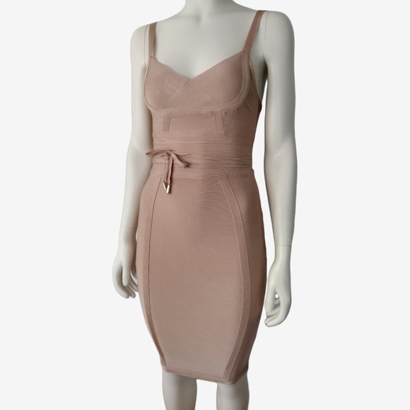 Fashion Nova Nude String Belt Sweetheart Neck Bodycon Bandage Dress - Picture 8 of 14